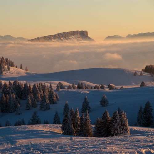 Au loin, le Margériaz vu du Semnoz au coucher du soleil.